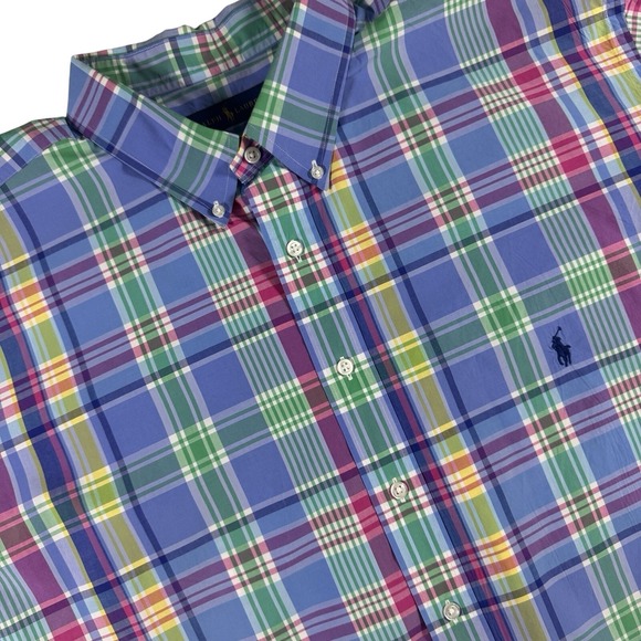 Polo Ralph Lauren Button Down Shirt Mens 3XLT Blue Plaids Short Sleeve Preppy - Picture 1 of 6